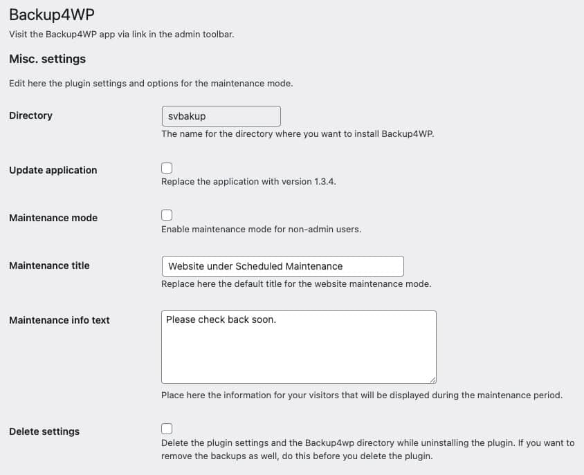 backup4wp plugin settings
