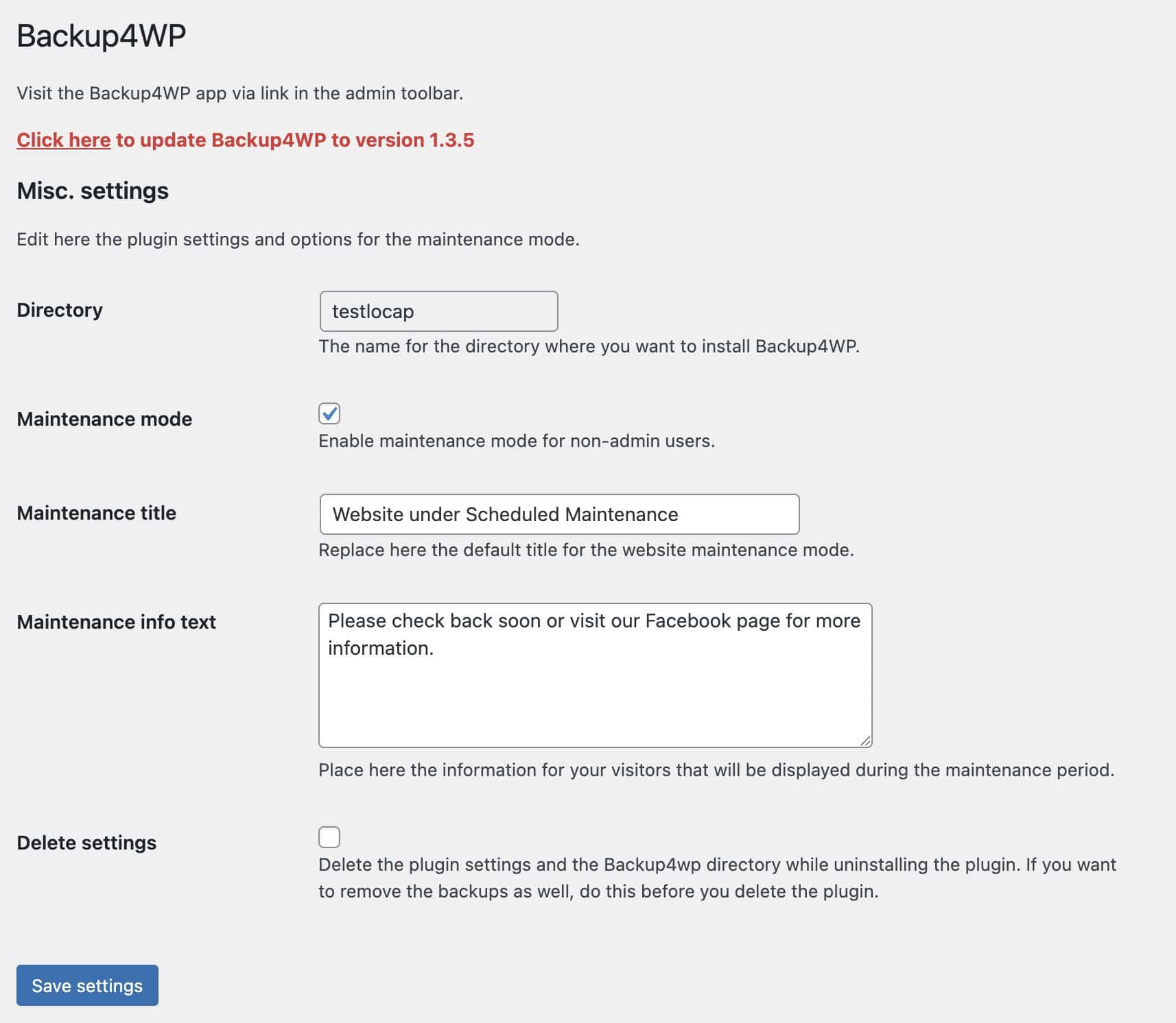 backup4wp plugin settings